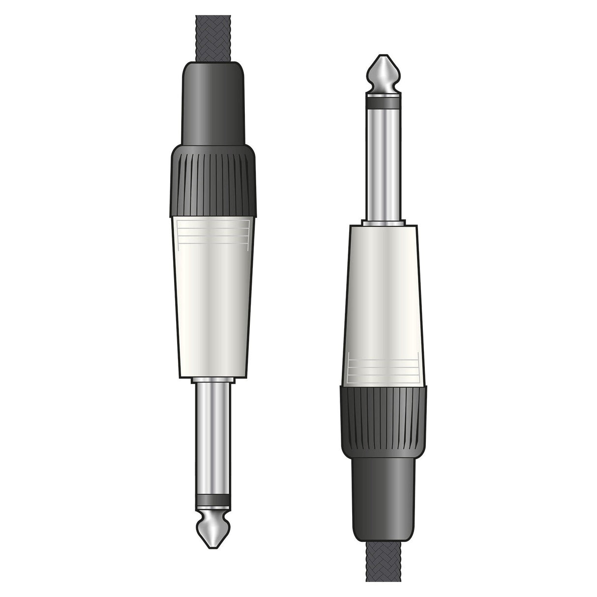 The Citronic Braided Guitar Lead 3m - Black is depicted with two mono jack plugs featuring black and gray elements. Each plug includes a ribbed grip, a silver tip, and exudes a retro-style guitar cable appearance, displayed from two different angles on a white background.