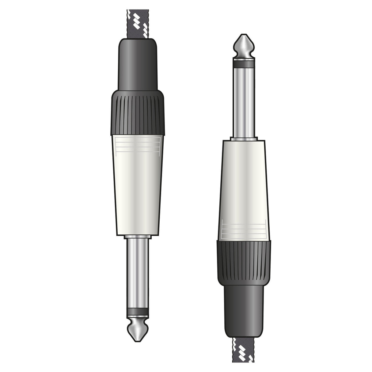 Illustration of two 1/4 inch Citronic Braided Guitar Lead plugs in retro style. One is shown from the side and the other from the front, featuring metal tips and black, textured ends. They connect to cables with black and white nylon braids, adding a touch of vintage flair.