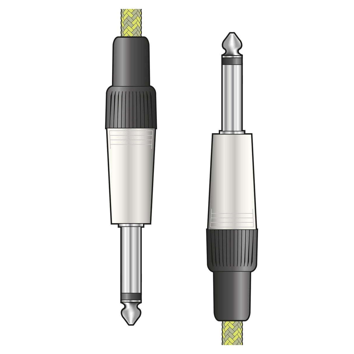 Image depicting two 6.3mm mono jack plugs with yellow braided cables from the Citronic Braided Guitar Lead 3m - Grey/Gold. The cable boasts a retro design with black and white casings and a metallic connector. One plug is captured in a side view, while the other displays the front view of its anti-tangle nylon braid.