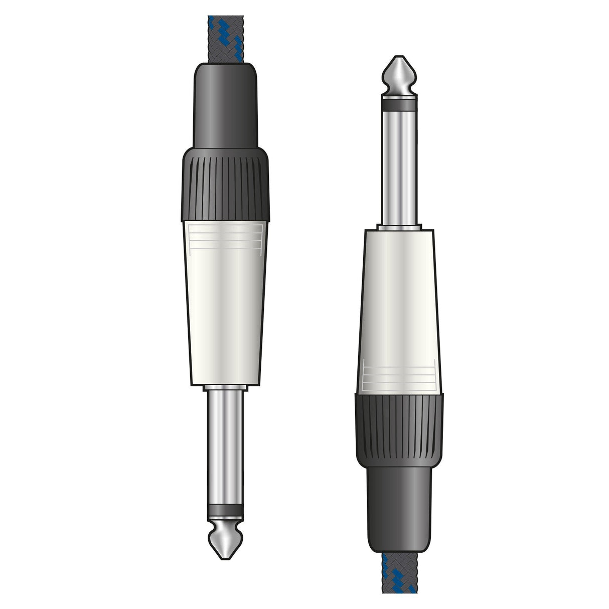Illustration of the Citronic Braided Guitar Lead 3m - Black/Blue, featuring two 6.3mm mono jack plugs. One plug is shown from the side and the other from the front, both exhibiting a retro style with a black tip and sleeve enhanced by a metallic middle section. The nylon braid adds durability and charm to this classic guitar cable design.