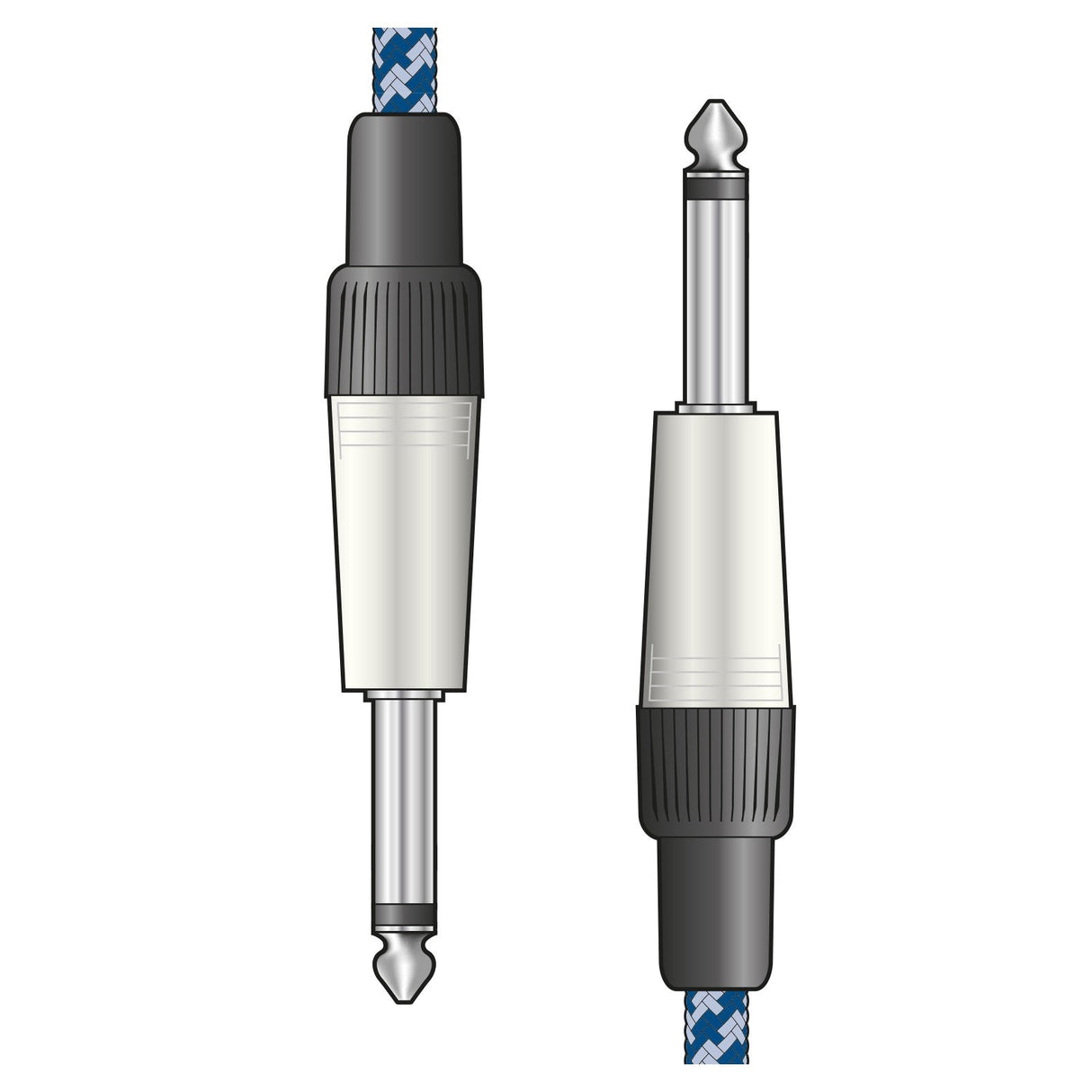 An illustration of the Citronic Braided Guitar Lead 3m - Blue/White showcasing two retro style 6.3mm mono jack plugs with black, silver, and blue anti-tangle nylon braided cables. One plug is viewed from the side while the other is seen from the front, set against a white background.