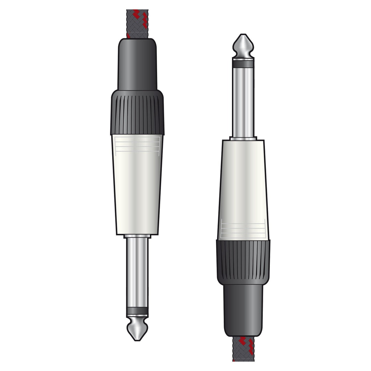 Illustration of two Citronic Braided Guitar Lead 3m plugs on a white background. The plugs have metallic tips and black, ridged grip areas, complemented by a black and red nylon braid extending to form the guitar cable. One plug is depicted from the side while the other is shown from the front.