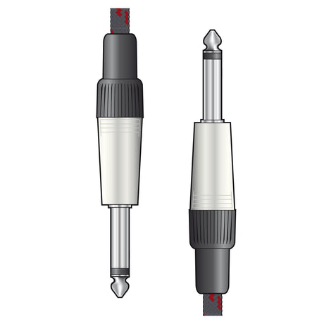 Illustration of two Citronic Braided Guitar Lead 3m plugs on a white background. The plugs have metallic tips and black, ridged grip areas, complemented by a black and red nylon braid extending to form the guitar cable. One plug is depicted from the side while the other is shown from the front.