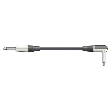 Illustration of the Citronic Classic Braided Right Angled Guitar Lead, which has pure copper conductors and features a straight jack plug on one end and a right-angled plug on the other. The 3-meter, black braided cable is designed with an anti-tangle feature for easy use.
