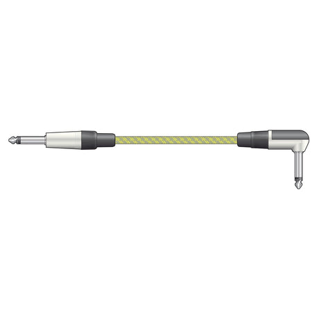 Illustration of the Citronic Classic Braided Right Angled Guitar Lead 3m characterized by its retro style and braided grey and gold cover. This guitar cable includes pure copper conductors with a straight plug on one end and a right-angle plug on the other, both having metallic housings and black strain reliefs, set against a white background.