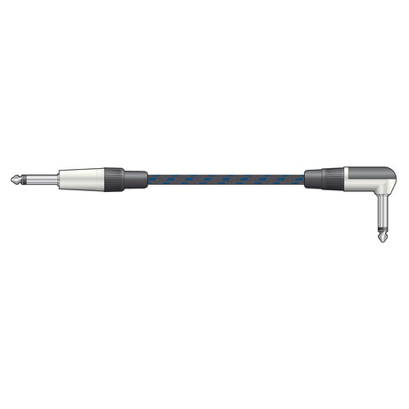 Depiction of the Citronic Classic Braided Right Angled Guitar Lead, featuring one straight plug and one right-angle plug. This retro-style cable is wrapped in a blue and black patterned design and is finished with an anti-tangle nylon braid for enhanced convenience over its 3-meter length.