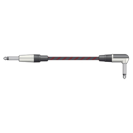 The Citronic Classic Braided Right Angled Guitar Lead, measuring 6m in length, features pure copper conductors enclosed in a durable black and red nylon braid, with a straight jack on one end and a right-angle jack on the other.