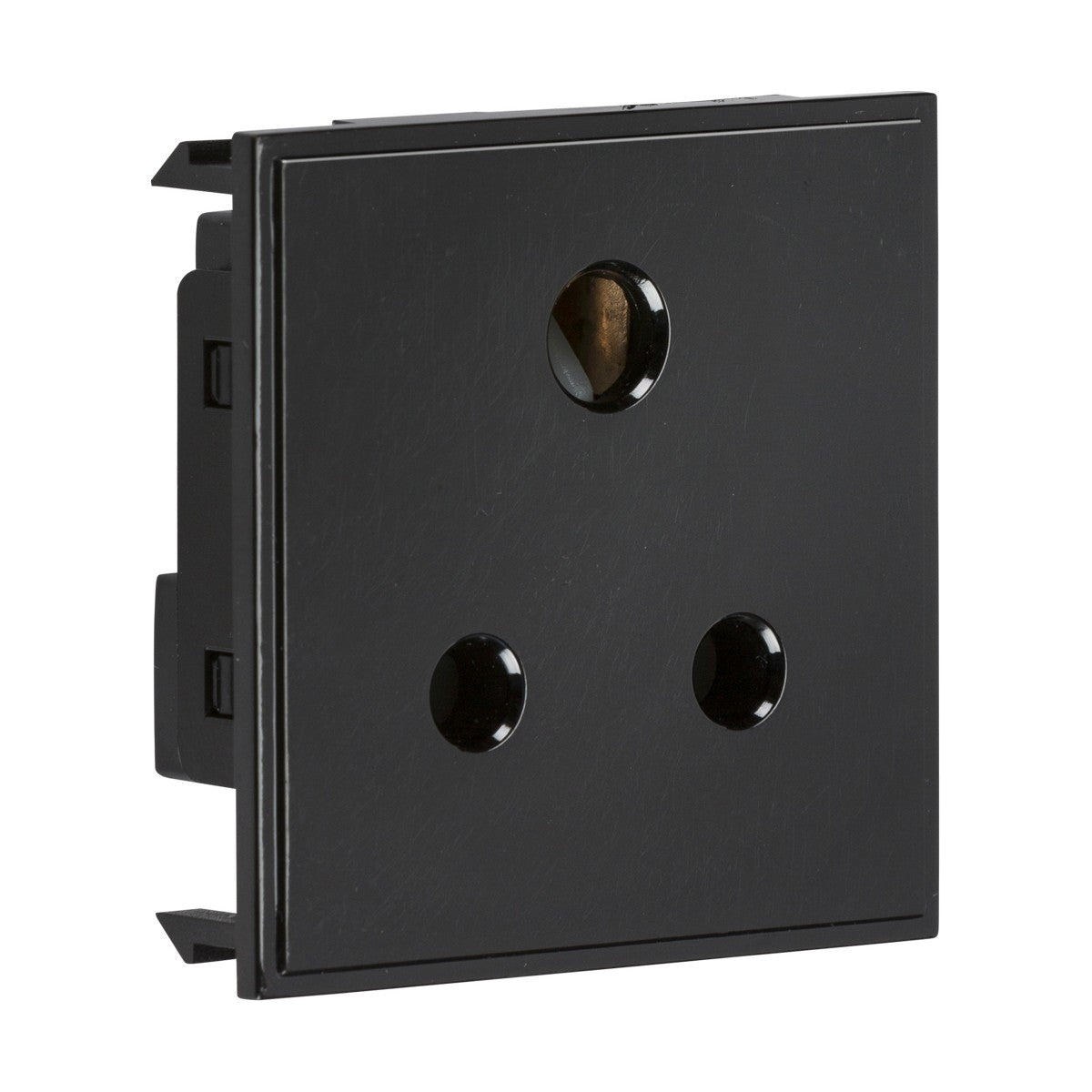 The 5A Unswitched Round Socket Module 50 X 50mm in black boasts a sleek design with three round holes arranged in a triangular pattern, adhering to the BS 546 Specification. Its modern design is well-suited for euro-module faceplates and stands out elegantly against a white background.
