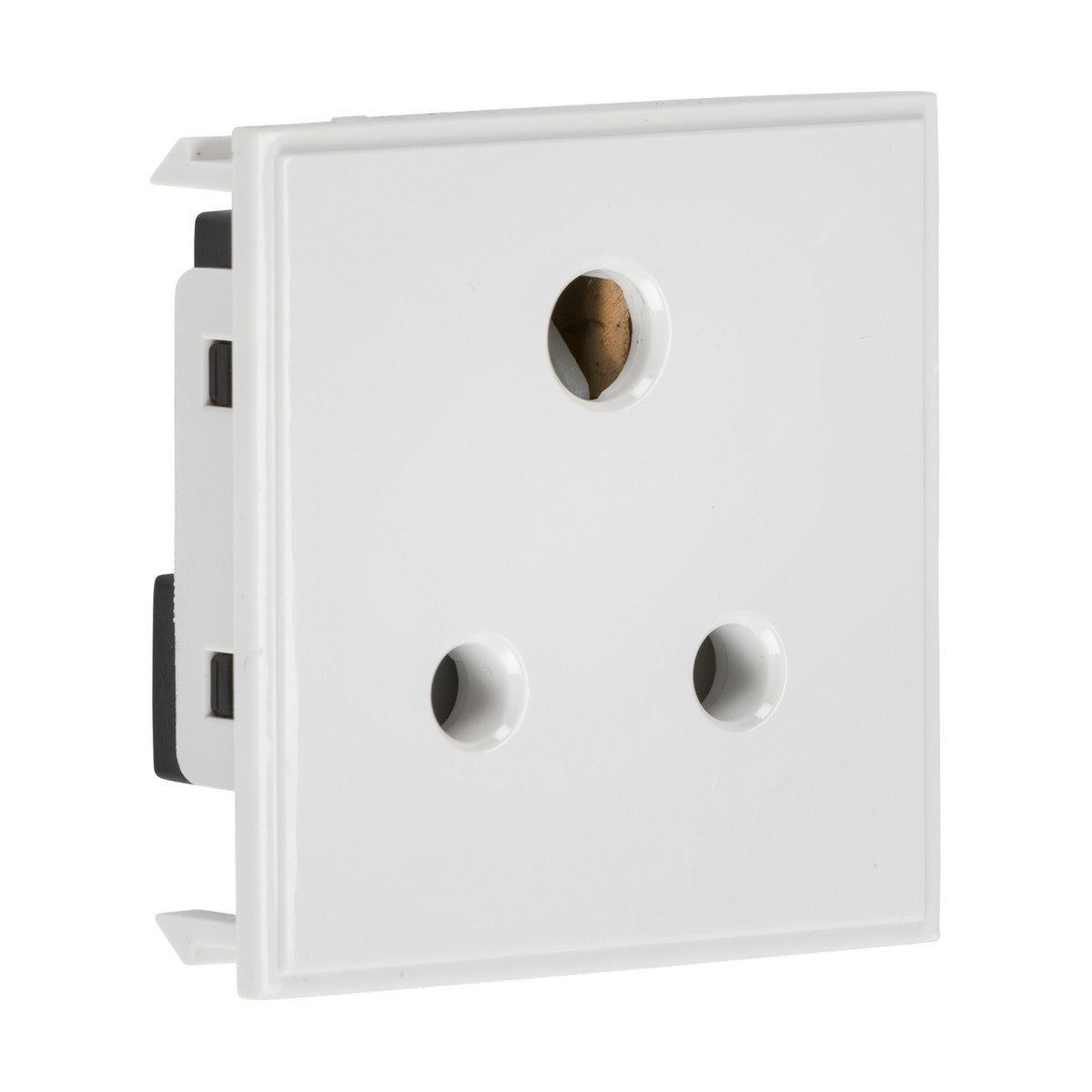 The 5A Unswitched Round Socket Module 50 x 50mm in white features a minimalist design, showcasing an electrical socket with three round holes in a triangular layout, specifically designed for certain plug types.