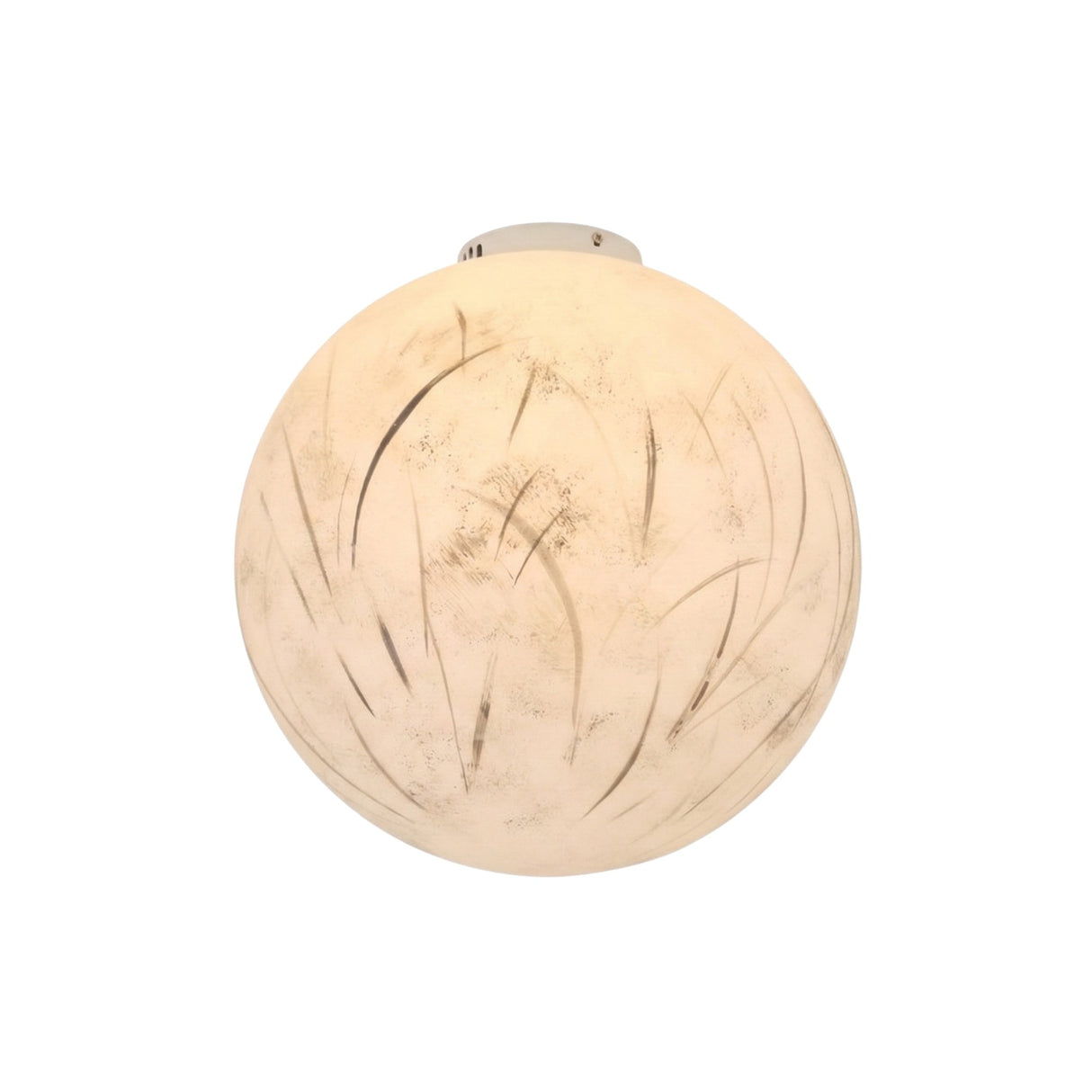 The Lunar Flush Ceiling Light - White features a round, frosted glass design with subtle curved lines, providing a soft, warm glow—ideal for ambient lighting.