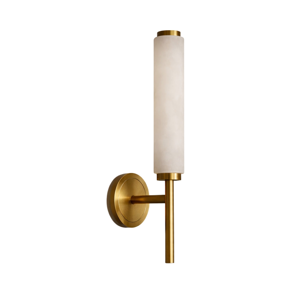 The Noctera LED Single Column Alabaster Wall Light features a soft white cylindrical alabaster shade and brushed brass base and arm, mounted on a round brass wall plate, against a white background.