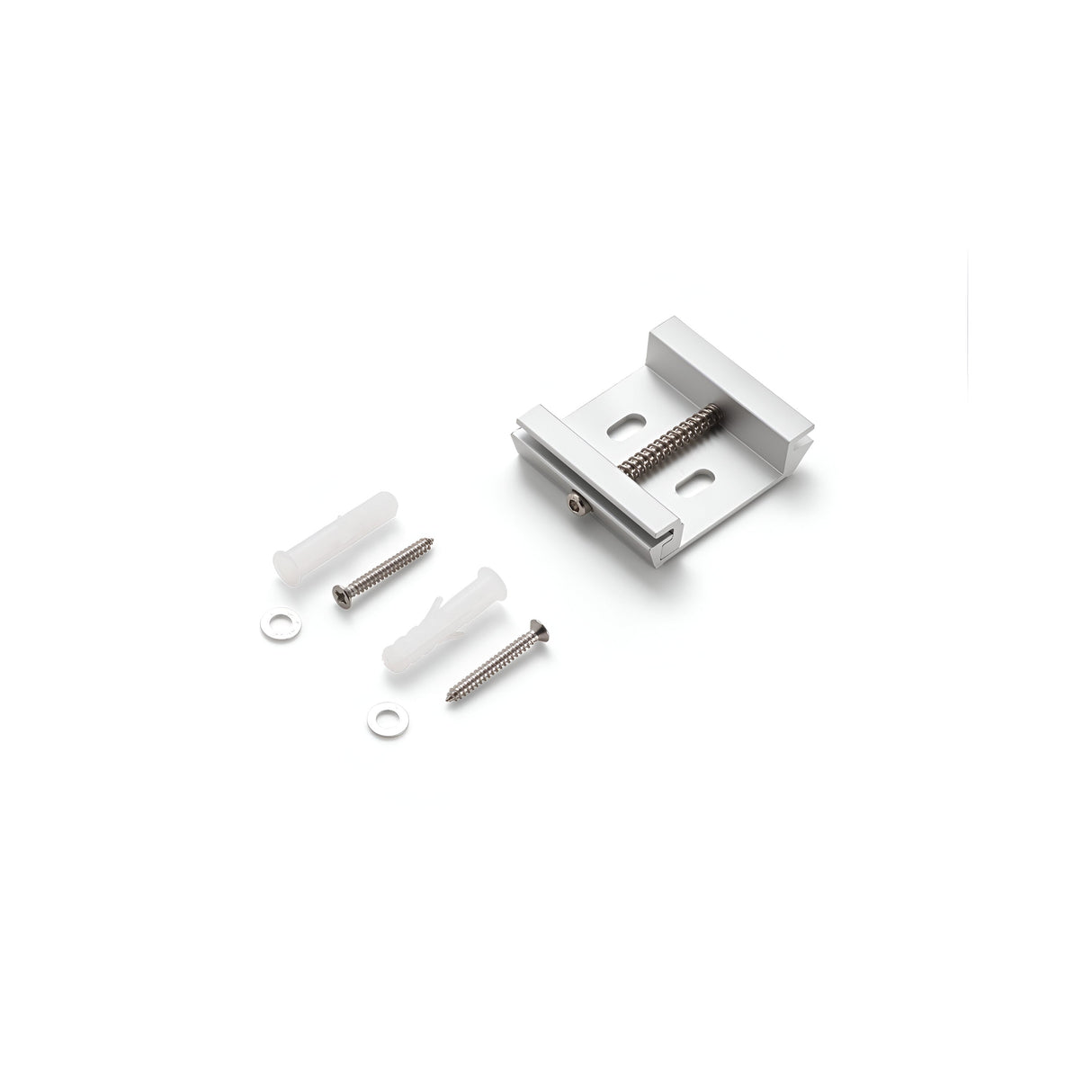 The Sparx Surface Mounting Kit is shown on a plain white background, featuring a metal bracket with a center screw, along with two screws, two wall anchors, and two washers—ideal for modern lighting installations.