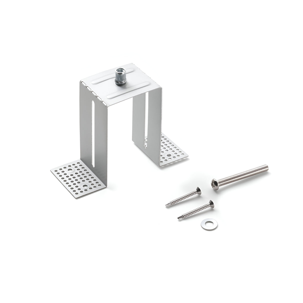The Sparx Adjustable Metal Mounting Bracket Kit with Screws features a sturdy adjustable metal bracket, complete with two perforated flanges and an upright section for reliable mounting. This kit includes a long screw, two shorter screws, and a washer, all presented against a white background.
