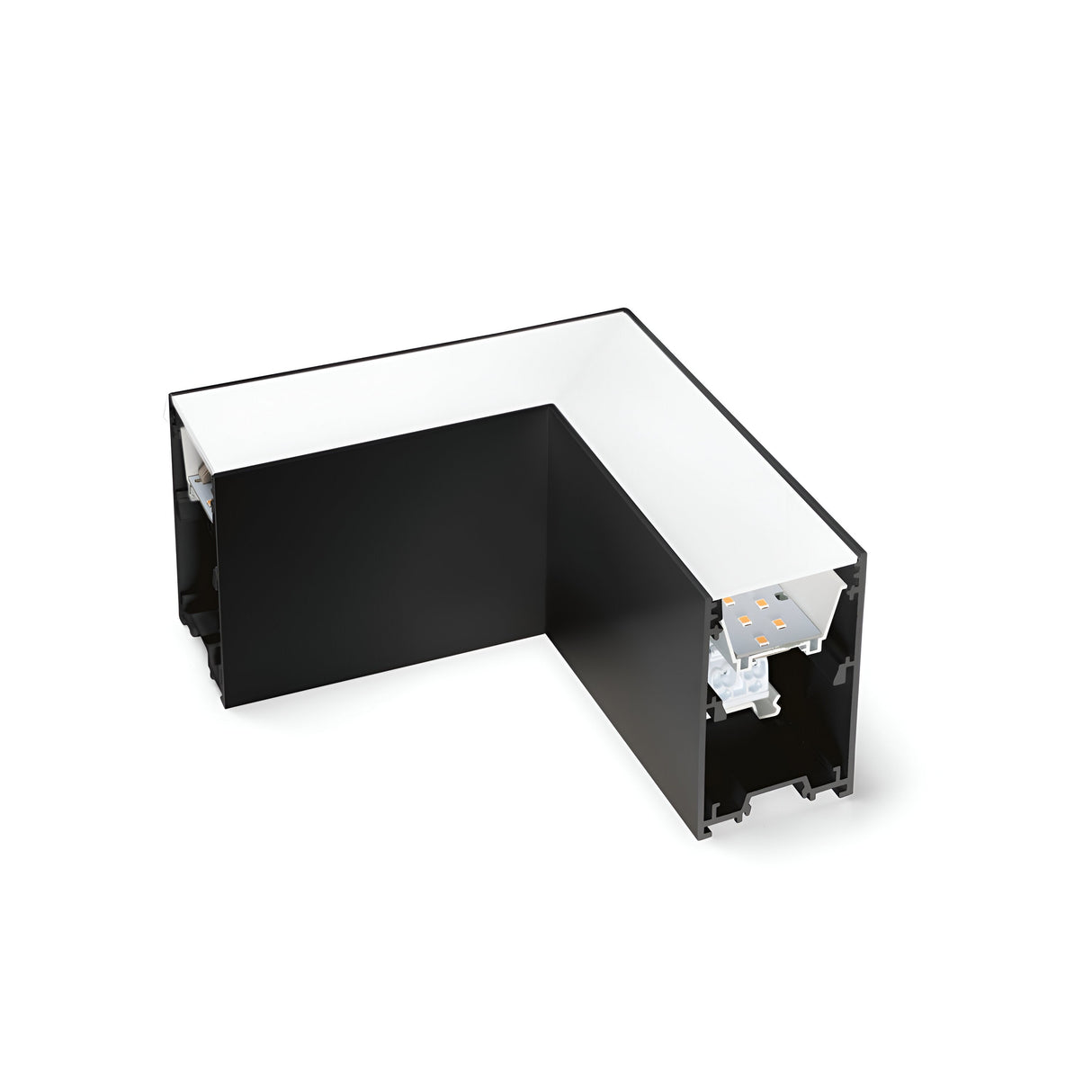 The object is an isolated black L-shaped architectural element with a hollow interior, featuring visible metal connectors and components inside. It incorporates a Sparx Corner LED Connector 8W 4000K - Black against a white background.
