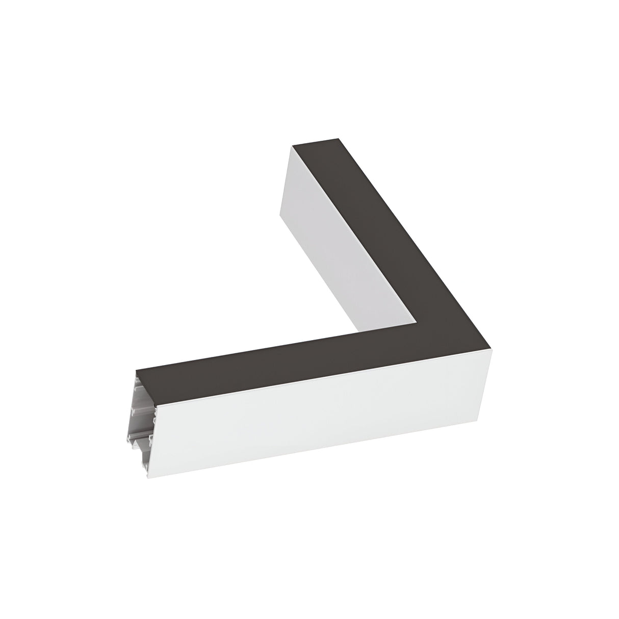 Introducing the Sparx Corner Connector - Black/White: a sleek metallic right-angle bracket crafted from aluminium. It boasts one side in black and the other in white, with a hollow interior and structural ridges. This three-dimensional connector stands elegantly against a plain white background.