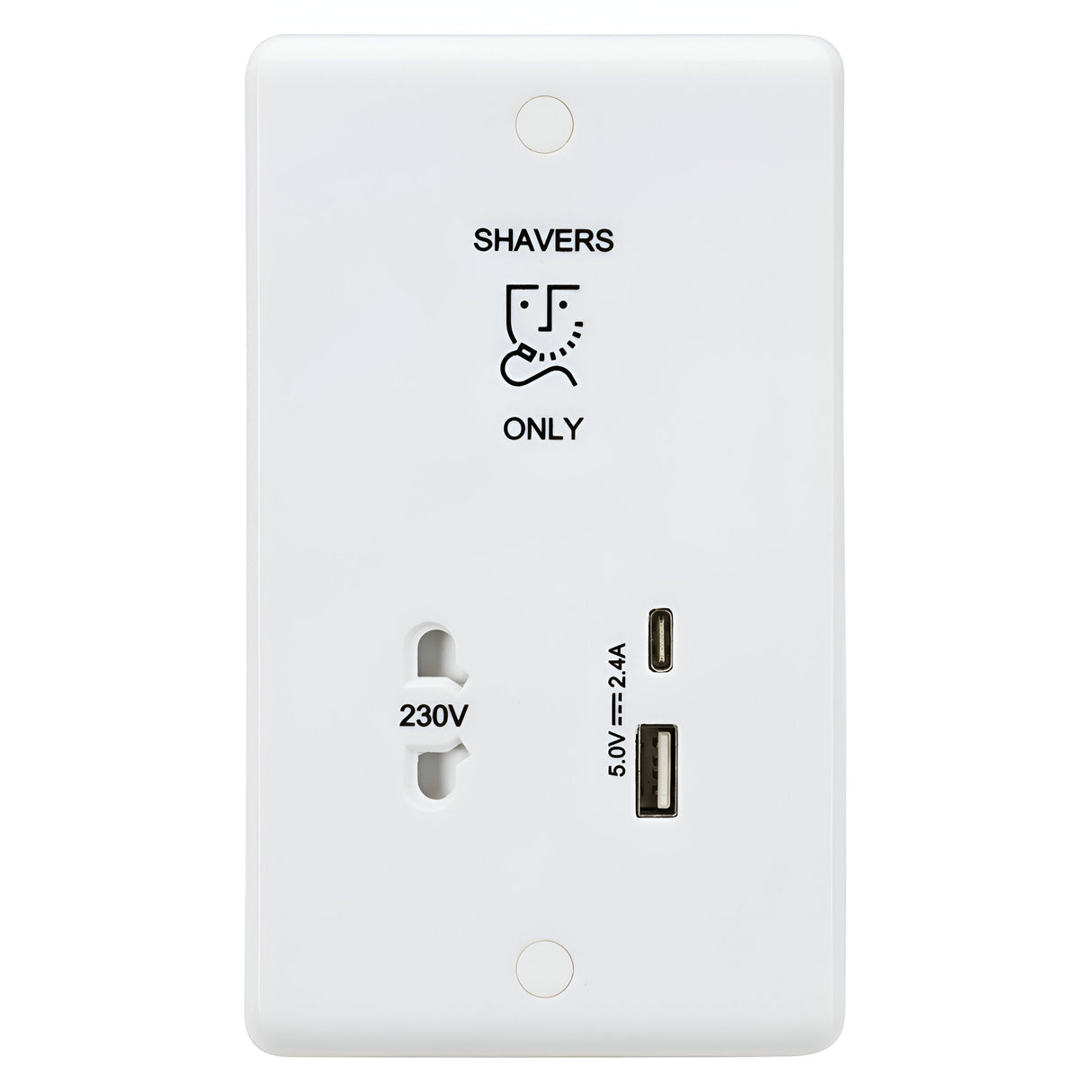 230V Shaver Socket with Dual USB A+C (5V DC 2.4A shared, Max. 12W)