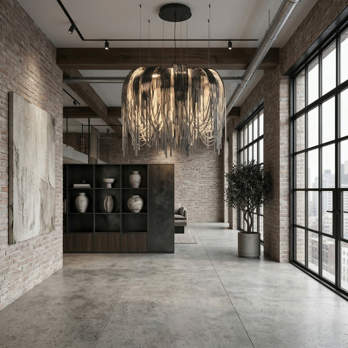 A modern loft with brick walls, large windows, concrete floor, an open shelving unit with vases, abstract painting, potted tree, and the Symphonia 10 Light Metal Chain Veil Small Chandelier in Nickel.