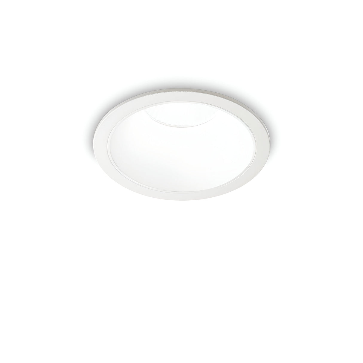 The Sally LED Round Recessed Trim Downlight, featuring an IP40 rating and 11W power output, is set against a plain white background. It showcases a sleek, contemporary design with a subtly recessed center and emits a warm white light at 3000K.