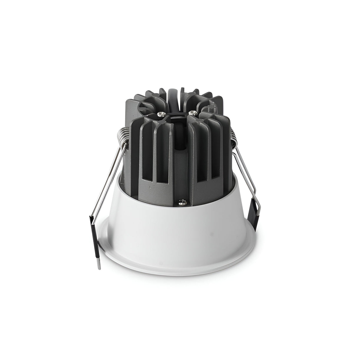 The Sally LED Round Recessed Trim Downlight - IP40, 11W, is displayed on a plain white backdrop, featuring its white housing and gray heat sink. Positioned upside down, the downlight showcases its design with two metal spring clips and emphasizes its 3000K warm white illumination.