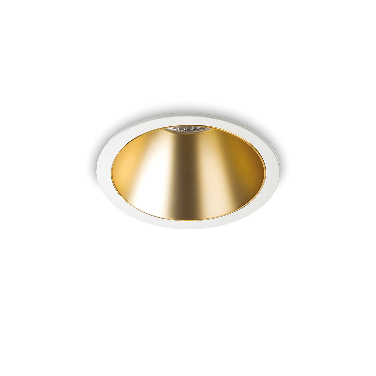 Presenting the Sally LED Round Recessed Trim Downlight with 11W power, a 3000K color temperature, and featuring a gold interior paired with a sleek white outer rim set against a pristine white background.