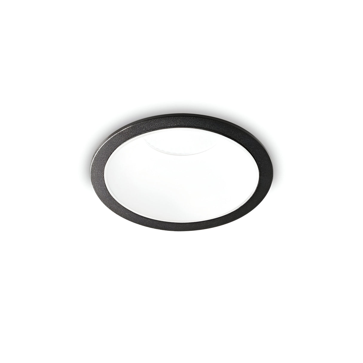 The Sally LED Round Recessed Trim Downlight is an elegant fixture with a black rim and a white diffusing surface, providing a gentle 3000K lighting ambiance against the plain white background.