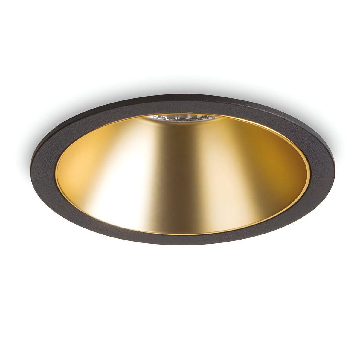 Close-up of the Sally LED Round Recessed Trim Downlight, featuring a sleek black outer ring and a gold inner reflective surface. With its Chip on Board (COB) technology, the light is currently off, highlighting its modern and minimalist design ideal for 3000K warm white illumination. This downlight uses 11 watts for optimal performance.
