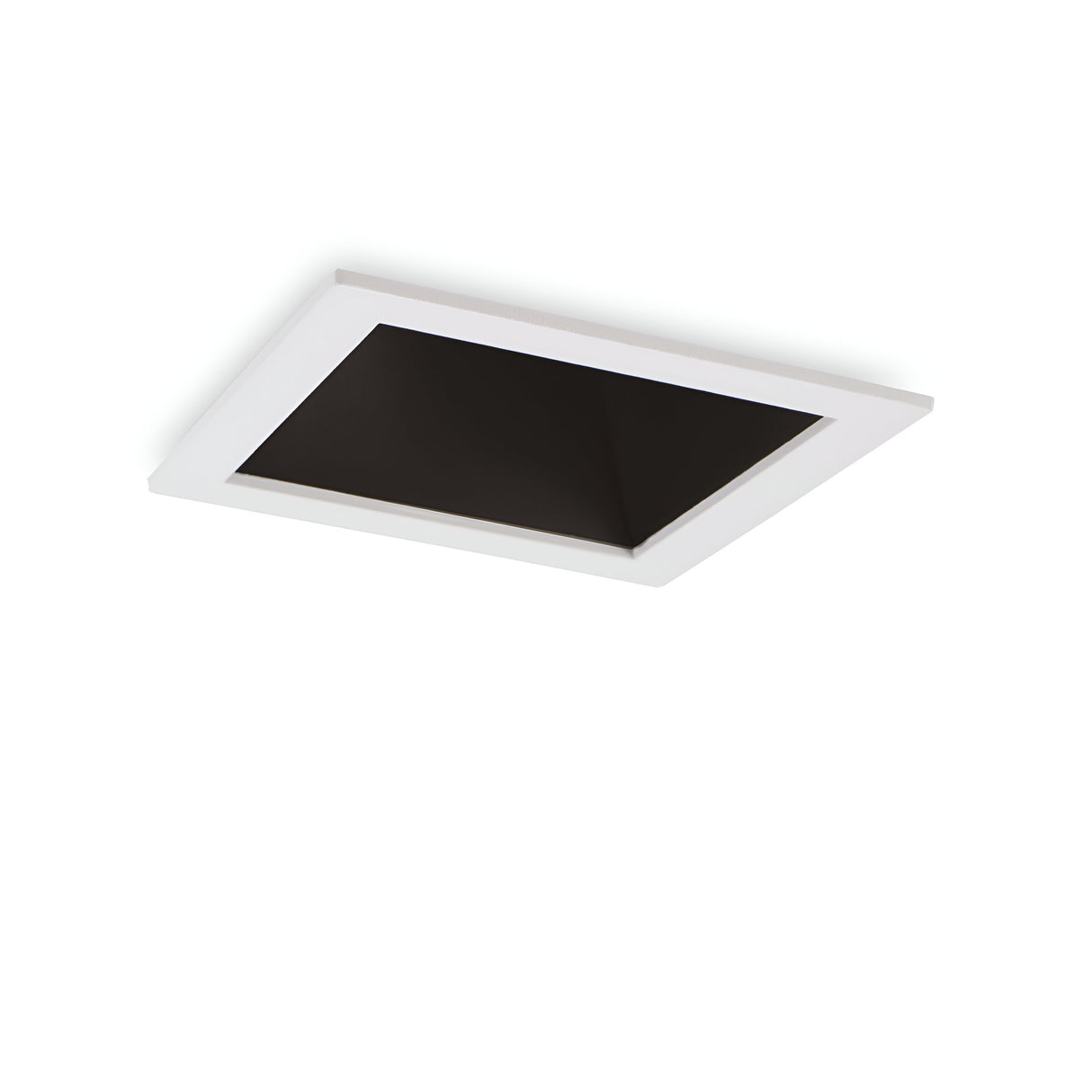 A Sally LED Square Recessed Trim Downlight featuring an 11W, 3000K LED light in a white square design with a black interior is set against a white background.