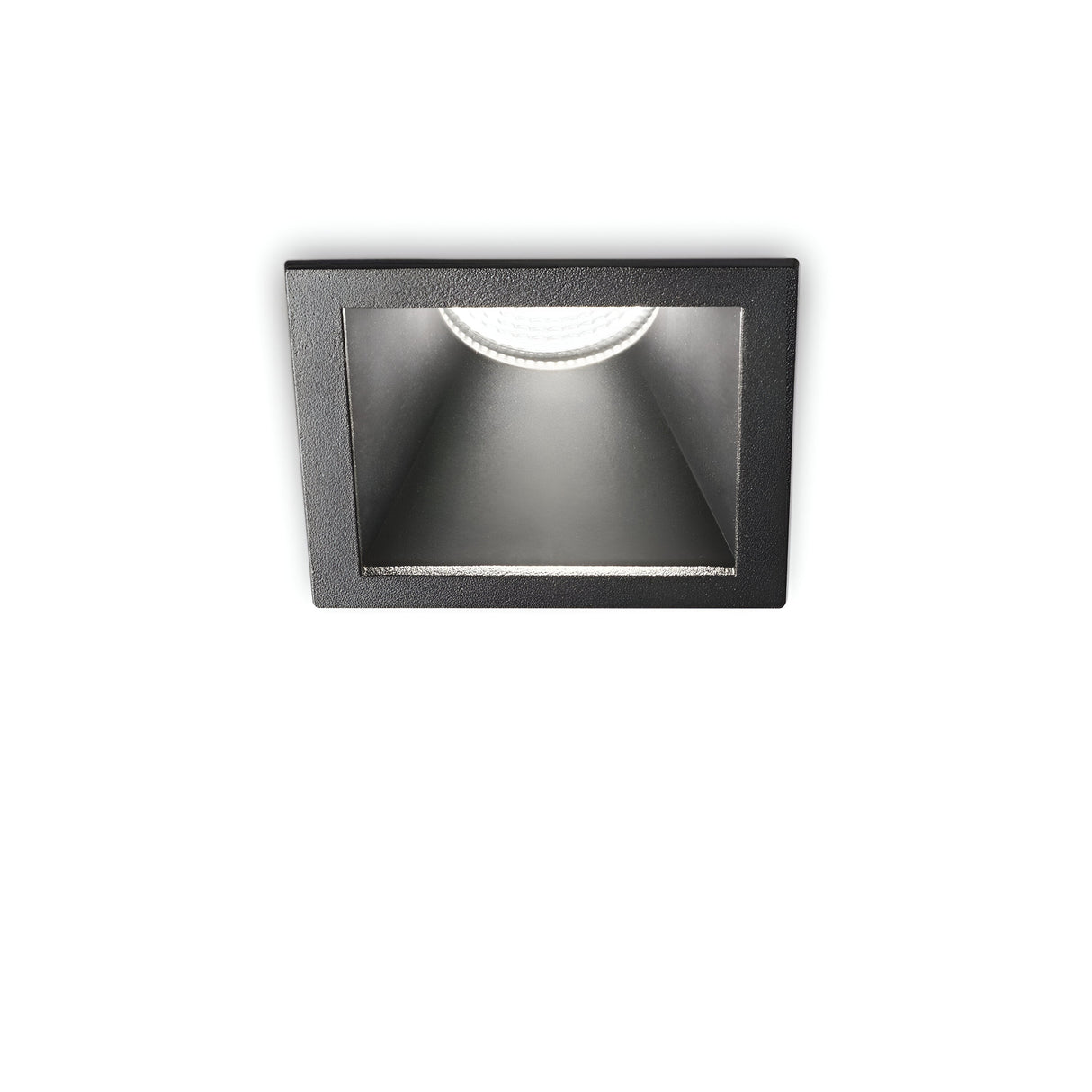 Introducing the Sally LED Square Recessed Trim Downlight - IP40, 11W, 3000K, in black, featuring a sleek square design with a silver interior that provides energy-efficient downward illumination.