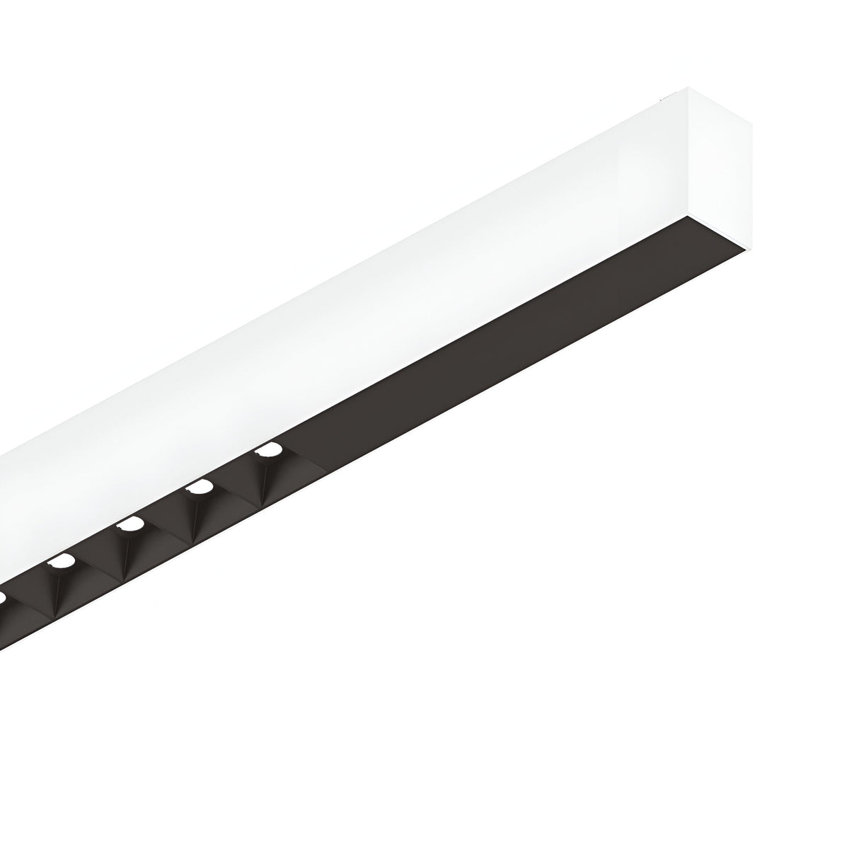 The Sparx Linear LED Suspension Light 30W 4000K in white is a minimalist ceiling fixture with a sleek design. It includes multiple small recessed lights along the bottom edge, providing neutral lighting. The modern style enhances energy efficiency, making it perfect for contemporary interiors. The fixture measures 1805mm and offers a black and white aesthetic.