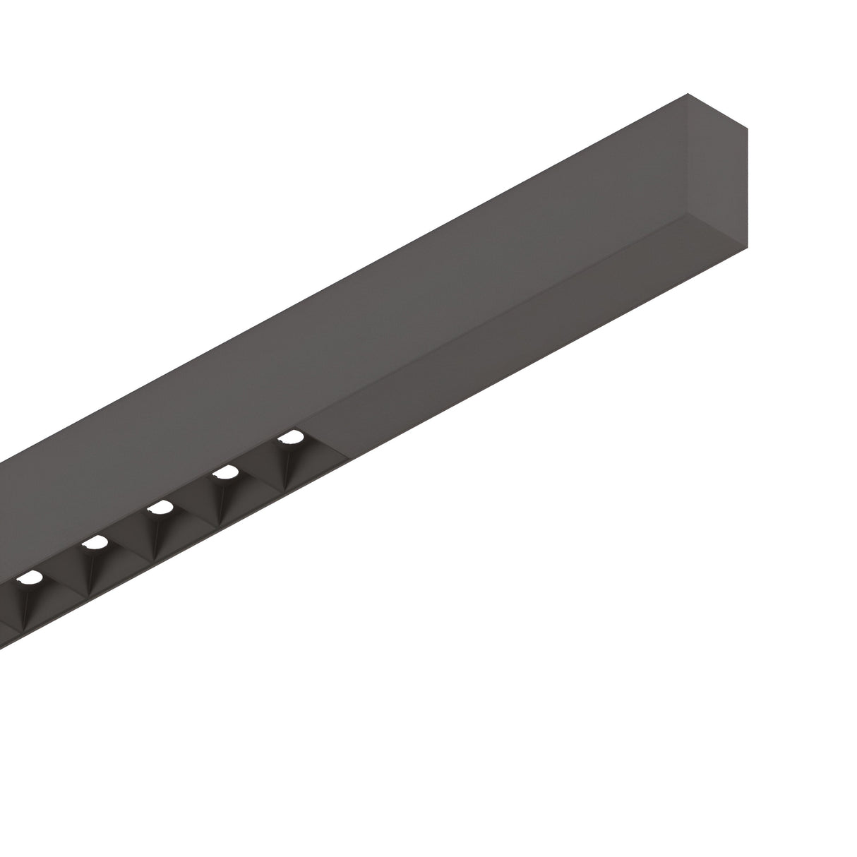 The Sparx Linear LED Suspension Light 30W 3000K, with its black finish and impressive length of 1805mm, showcases a contemporary design through its modern rectangular shape and energy-efficient illumination. Featuring six small recessed lights along one edge, it angles elegantly against a white background, enhancing any space with its sleek aesthetic.