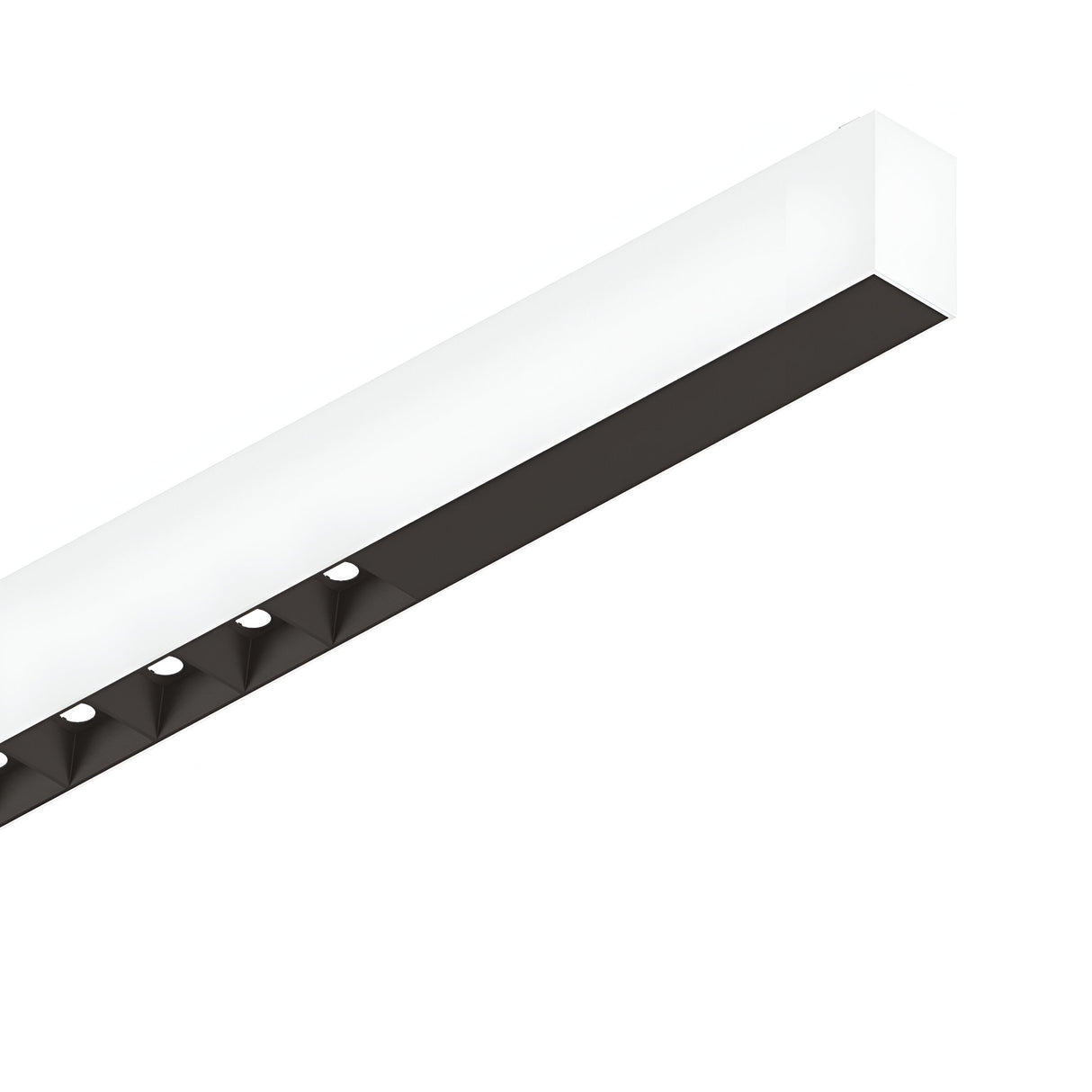 The Sparx Linear LED Suspension Light 30W 3000K - White offers a sleek and minimalist design with its rectangular shape, featuring several small, evenly spaced bulbs. Its energy-efficient performance is complemented by a white top and black bottom, set against a plain white background.