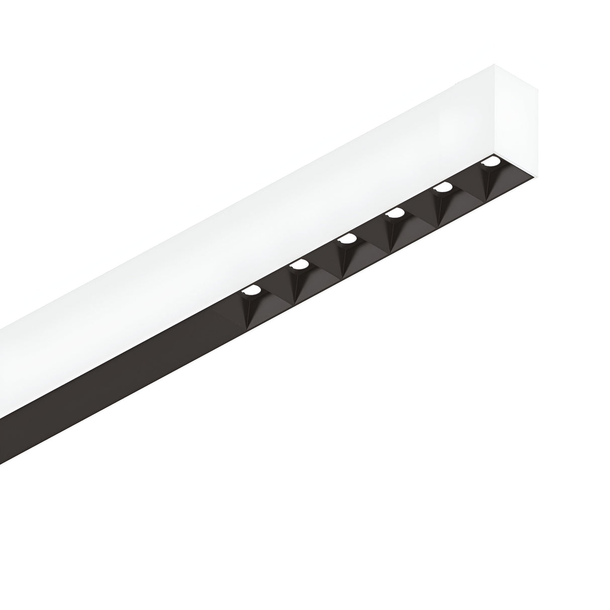 The Sparx Linear LED Suspension Light 30W 4000K in white and black boasts a sleek, modern design with five small recessed lights on its underside. Perfectly designed for ceiling installation, this energy-efficient fixture delivers bright 4000K illumination that enhances contemporary spaces.