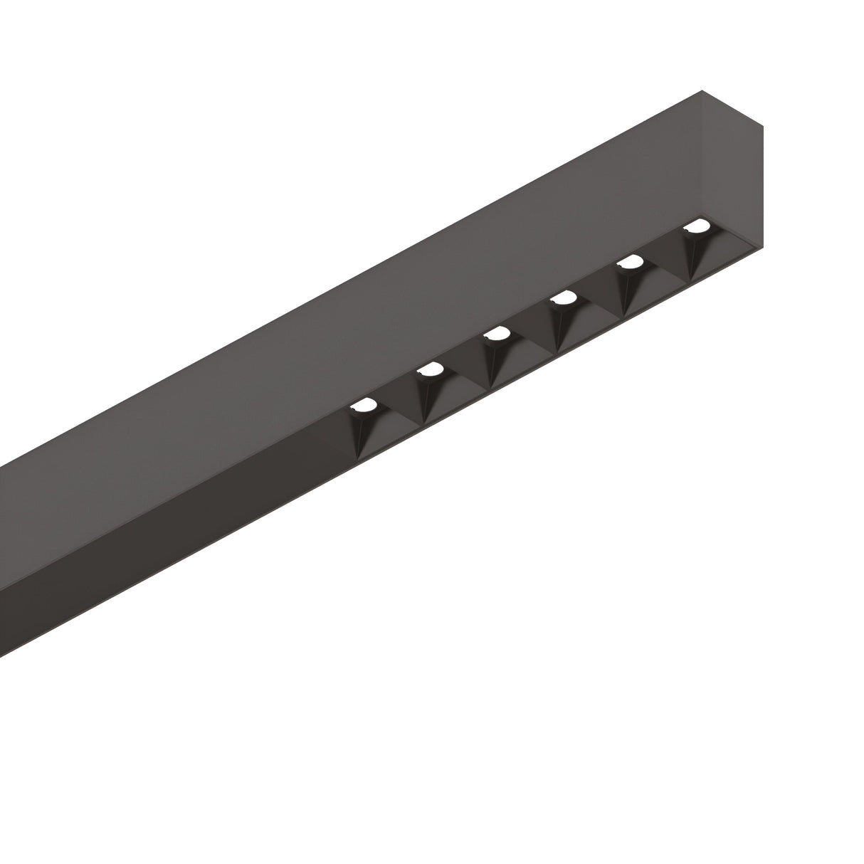 The Sparx Linear LED Suspension Light 30W 3000K in black features a long, rectangular design with five small circular bulbs evenly distributed along its 1205mm length. This fixture presents a sleek, modern aesthetic and provides energy-efficient lighting at 3000K.