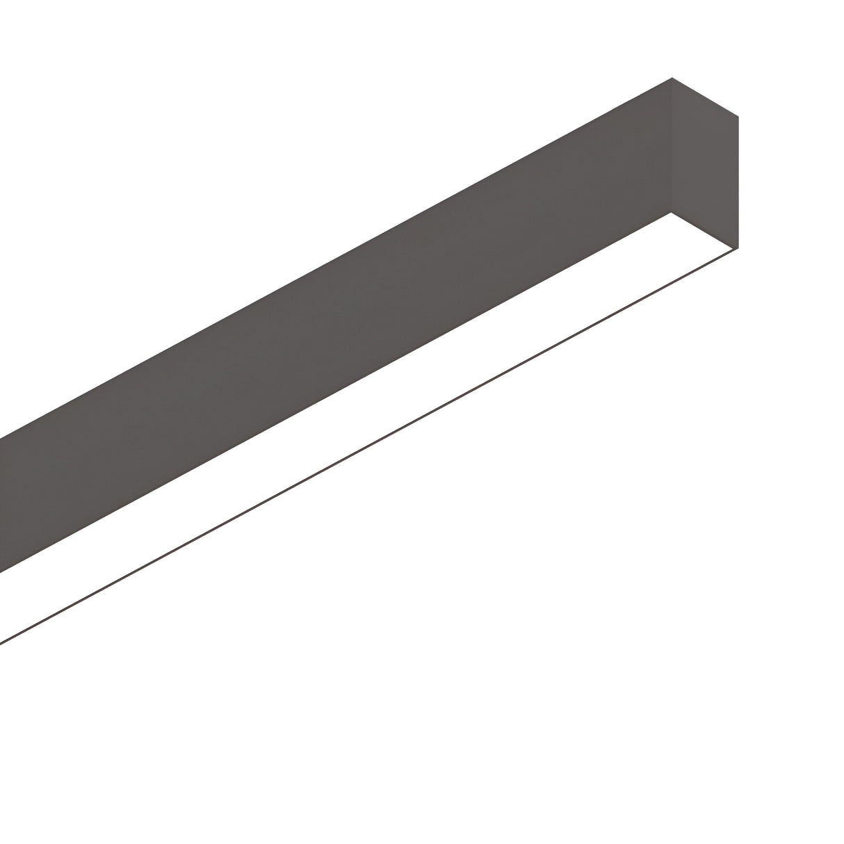 The Sparx Bi-Emission Linear LED Suspension Light 40W 4000K in black is a minimalist fixture with a long rectangular design that emits a soft, even glow. Mounted on a white ceiling, it features bi-emission technology for optimal illumination.