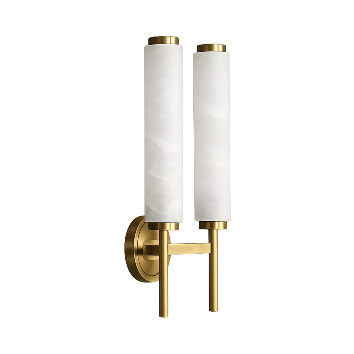 The Noctera LED Twin Column Alabaster Wall Light in soft white and brushed brass features sleek glass tubes, making it a stylish, modern accent for any space.