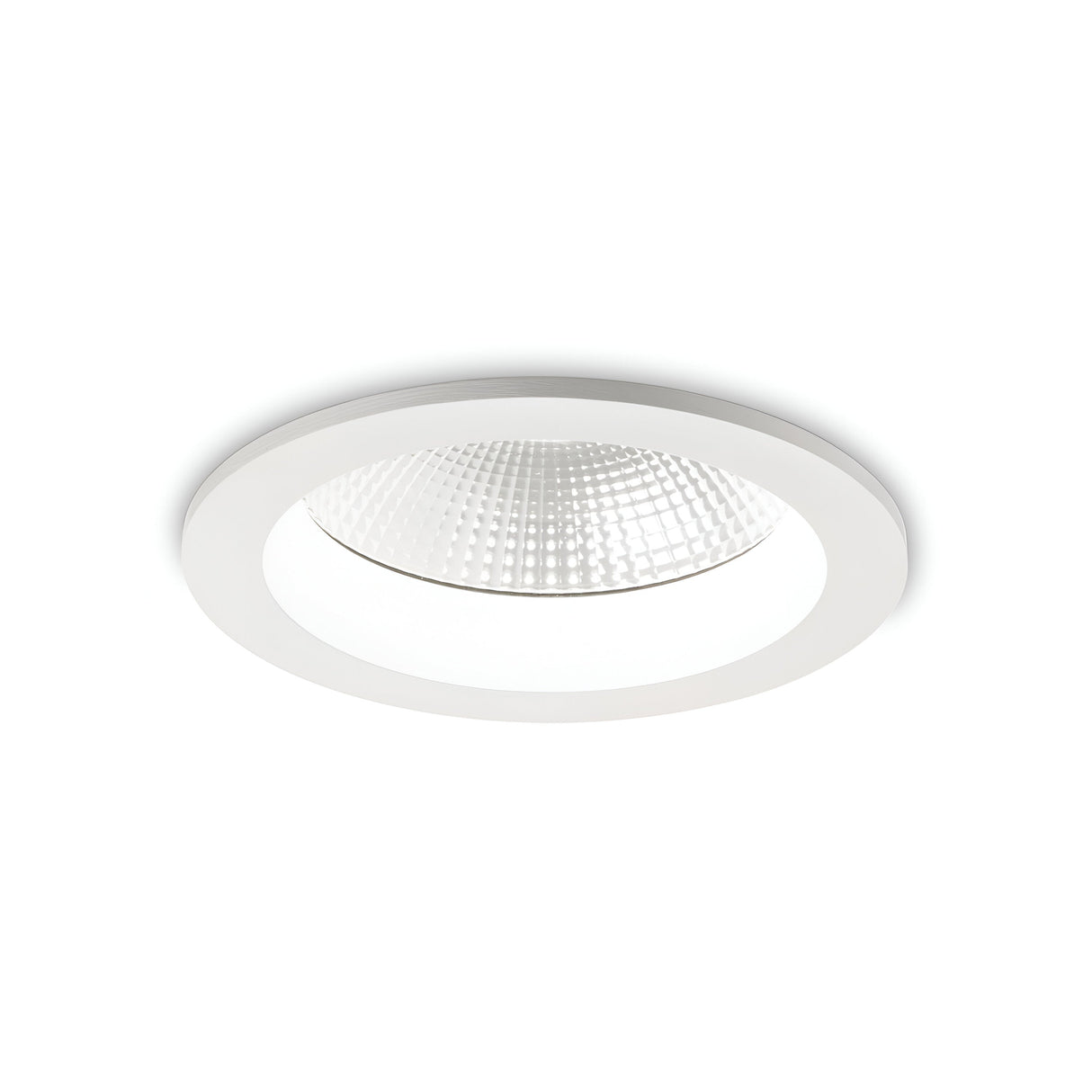 The Radiara-1 Round LED Recessed Downlight, with its die-cast aluminium body and white trim, features a modern design with a textured inner surface that emits a soft glow at 4000K.