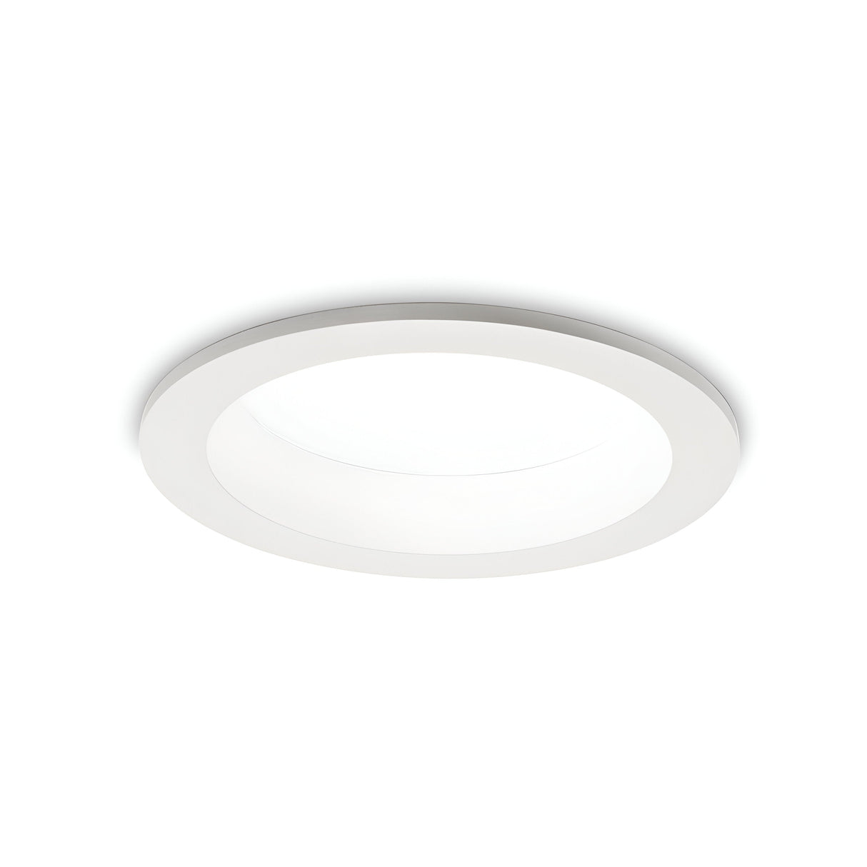 The Radiara-2 Round LED Recessed Downlight boasts a minimalist design with a smooth, white surface. It features an integrated 30W LED bulb and an IP44 rating for enhanced durability, all set against a white background.
