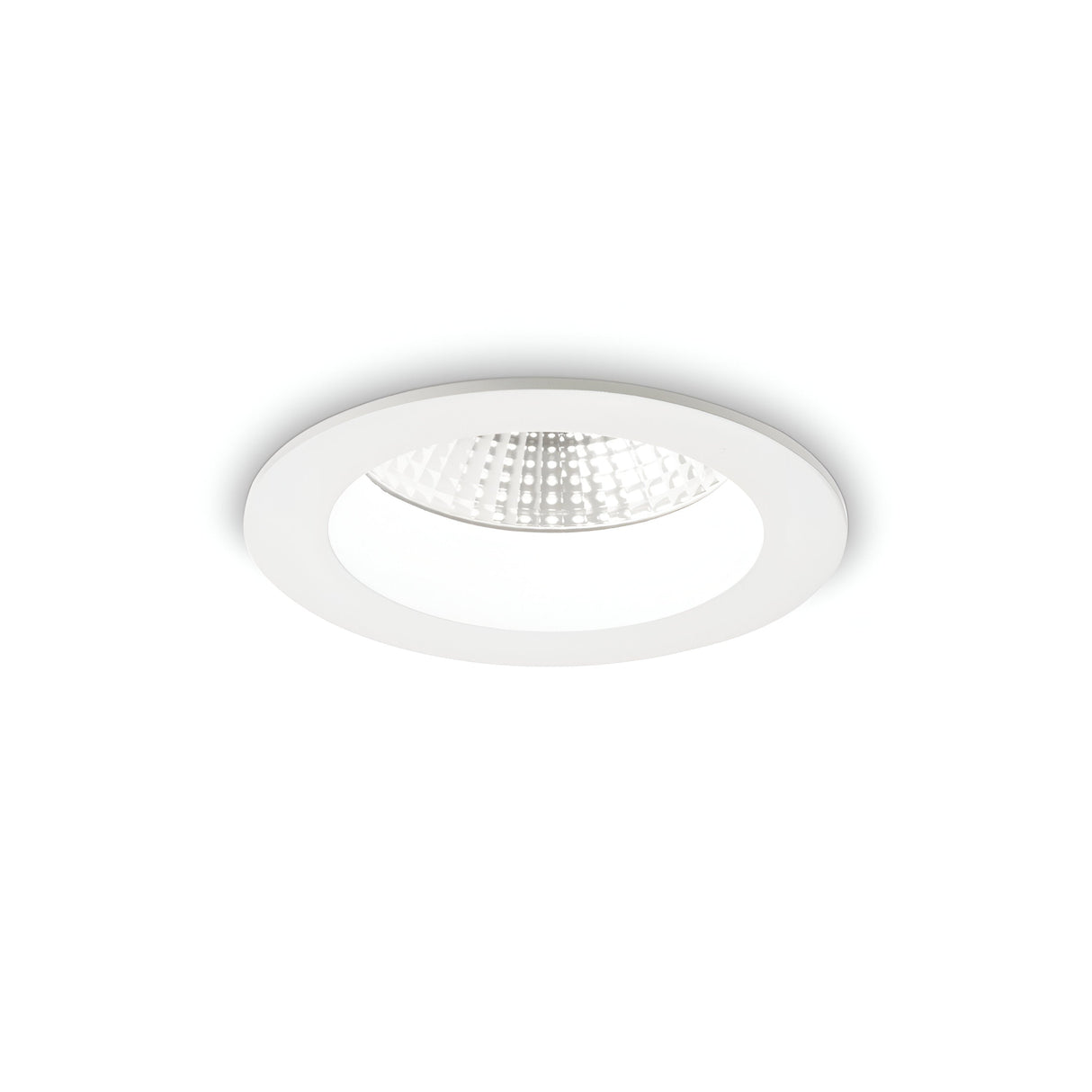 The Radiara-1 Round LED Recessed Downlight features a minimalist circular design with a die-cast aluminium construction, a white rim, and a textured reflective interior. Positioned against a plain white background while turned off, this 10W light at 3000K offers an elegant and modern aesthetic ideal for contemporary spaces.