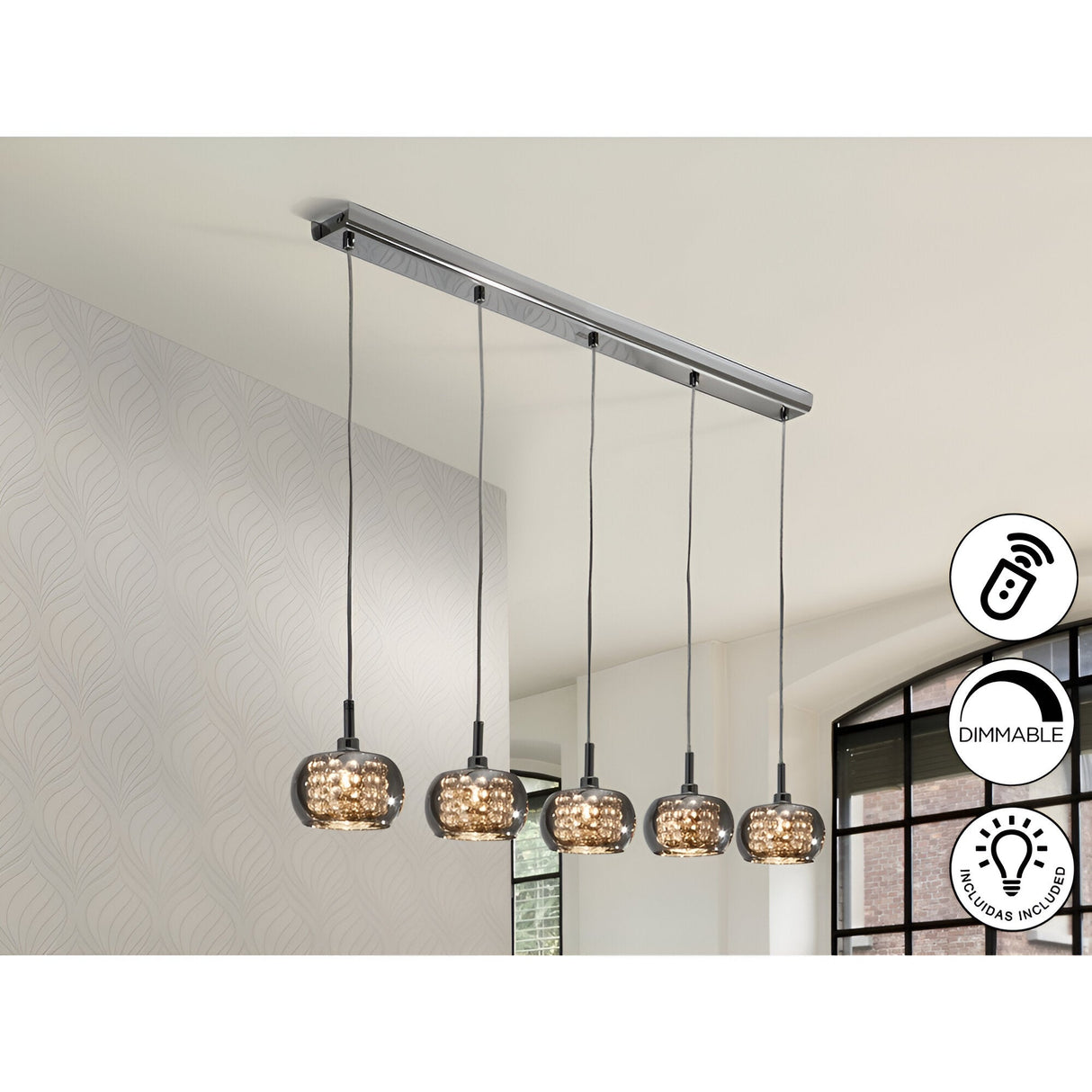 Arian 5 Light Glass Bar Pendant - Brown (With Remote Control)