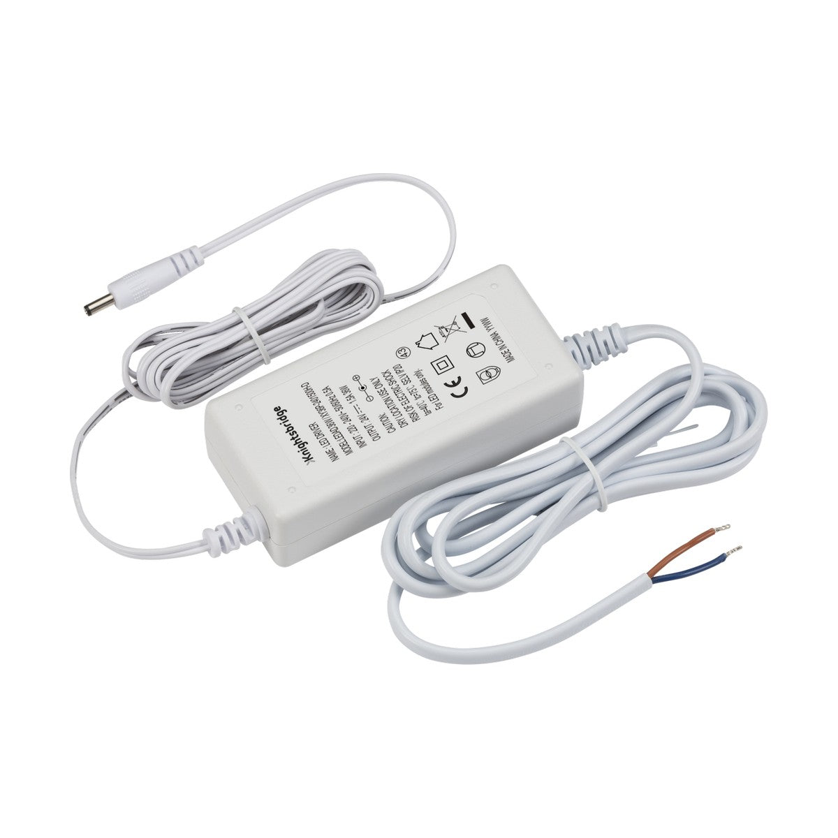 The 24V Power Adaptor 36W - White comes with a long coiled cable and a plug at one end, while the other end has two exposed wires, making it ideal for constant voltage applications. The surface is printed with various technical specifications and safety symbols, making it perfect for LED under cabinet luminaries.