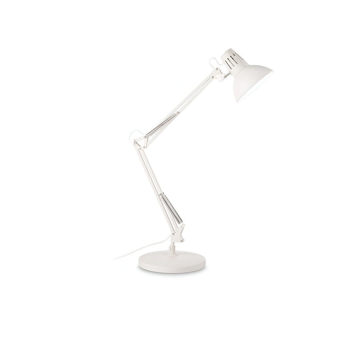 Introducing the Maive Table Lamp - White: a modern desk lamp featuring an adjustable design, a round base, and a flexible arm to ensure ideal lighting angles. It comes with a classic cone-shaped lampshade and an adjustable diffuser, along with an elegantly extending power cord from the base.