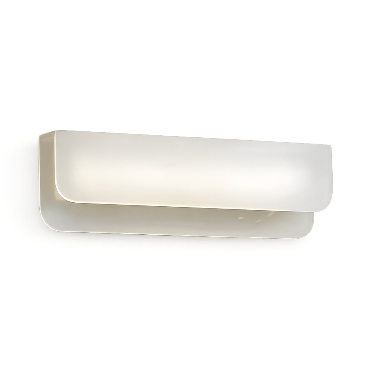 The Velisse LED Horizontal Alabaster Wall Light - Soft White features a minimalist rectangular design with curved, overlapping elements, mounted on a plain white background for a soft, diffused glow.