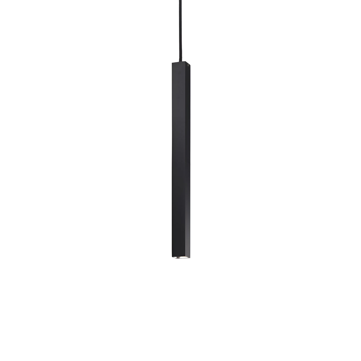 A sleek, modern Luxora LED Square Light Pendant 11.5W 3000K in black features a long rectangular shade and hangs from a thin black cord against a white background, embodying minimalistic design with energy-efficient technology.