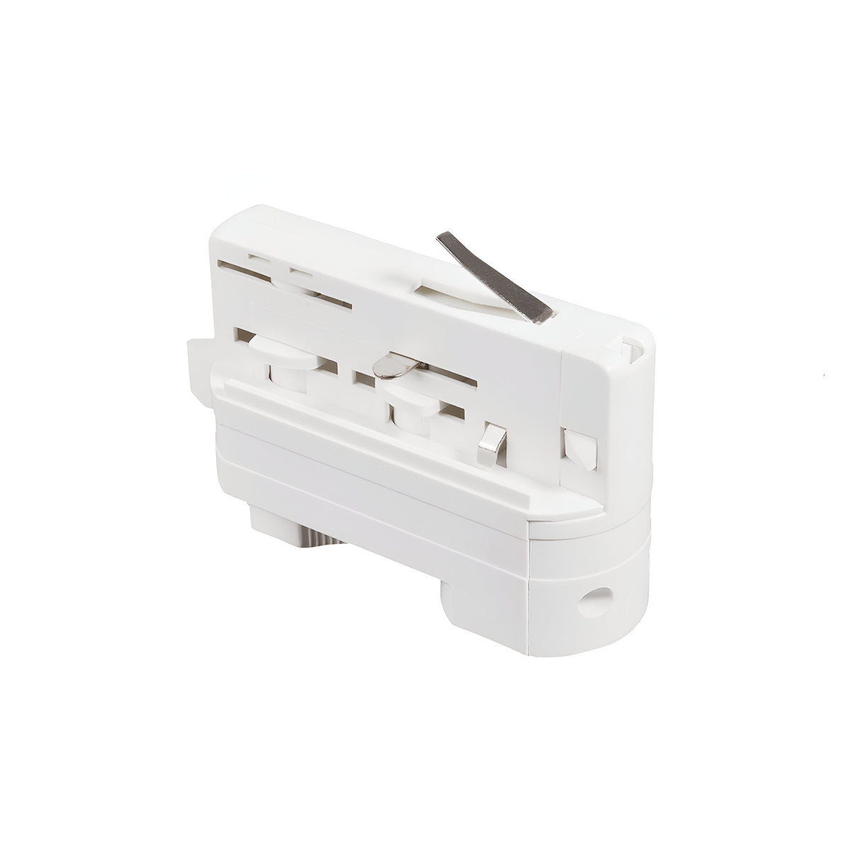 A white, rectangular mechanical component with two circular indentations and a thin, protruding metal strip on top. It includes additional grooves and small openings, indicating that it is the Brillia Track Adapter - White, an essential part of track lighting systems used in indoor settings.