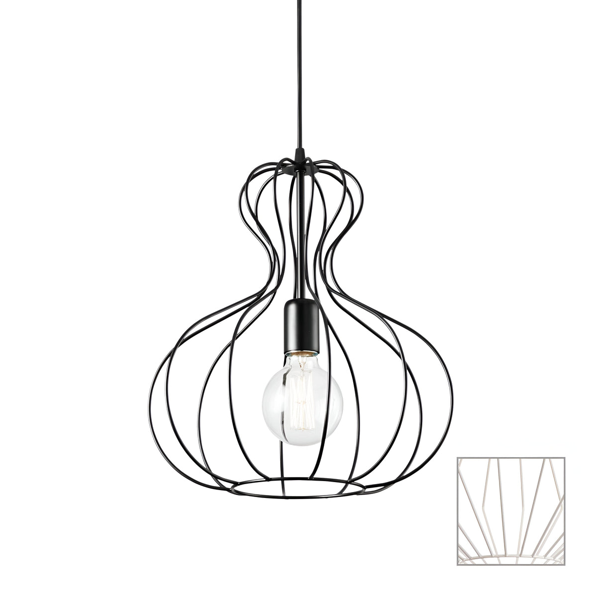The Tone-1 1 Light Pendant - White is a minimalist pendant light that boasts a black wire cage design shaped like a bulb. It includes an exposed filament bulb suspended from a black cord, and an inset image highlights the intricate wire pattern of this modern lighting fixture.