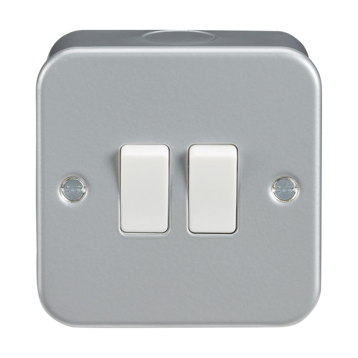 The Metal Clad 10AX 2 Gang 2-Way Switch offers a resilient powder-coated surface with gray plastic construction, featuring two white toggle switches and visible screw holes. Its design includes rounded edges and a smooth finish for an optimal blend of style and functionality.