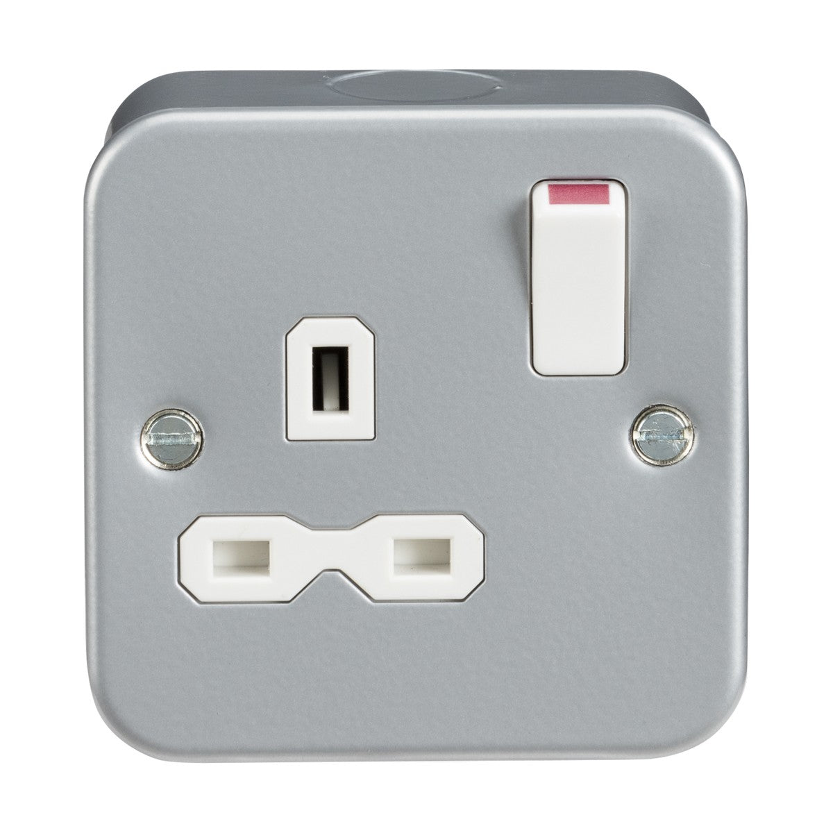 A close-up image showcases the Metal Clad 13A 1 Gang DP Switched Socket, crafted from premium grade steel. This gray electrical wall socket includes a single switch with a red indicator, two outlets, and is designed with visible screws on either side.