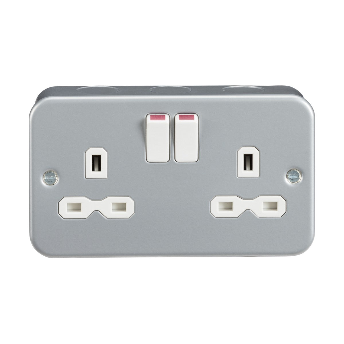 The Metal Clad 13A 2 Gang DP Switched Socket is a robust dual electrical wall socket set on a heavy-duty metal rectangular plate. It includes two switched sockets, each with three pinholes for compatible plugs, and the switches are conveniently positioned above the sockets for easy access. The product is packaged in a user-friendly Knightsbridge polybag.