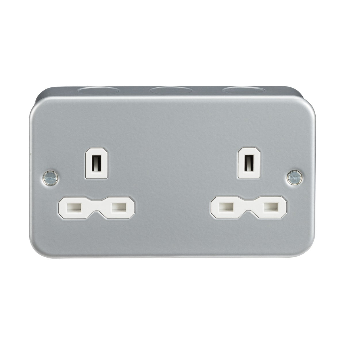 Introducing the Metal Clad 13A 2 Gang Unswitched Socket, a sleek gray electrical wall outlet designed with a smooth surface and four plug holes, encased in a durable metal clad box for added robustness.