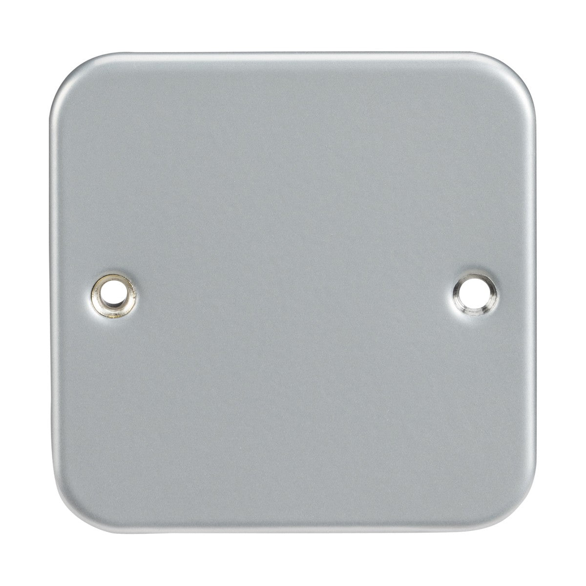 The Metal Clad 1 Gang Blanking Plate, featuring a plain square design with heavy-duty metallic construction, rounded edges, and two screw holes—one on each side—is set against a white background.